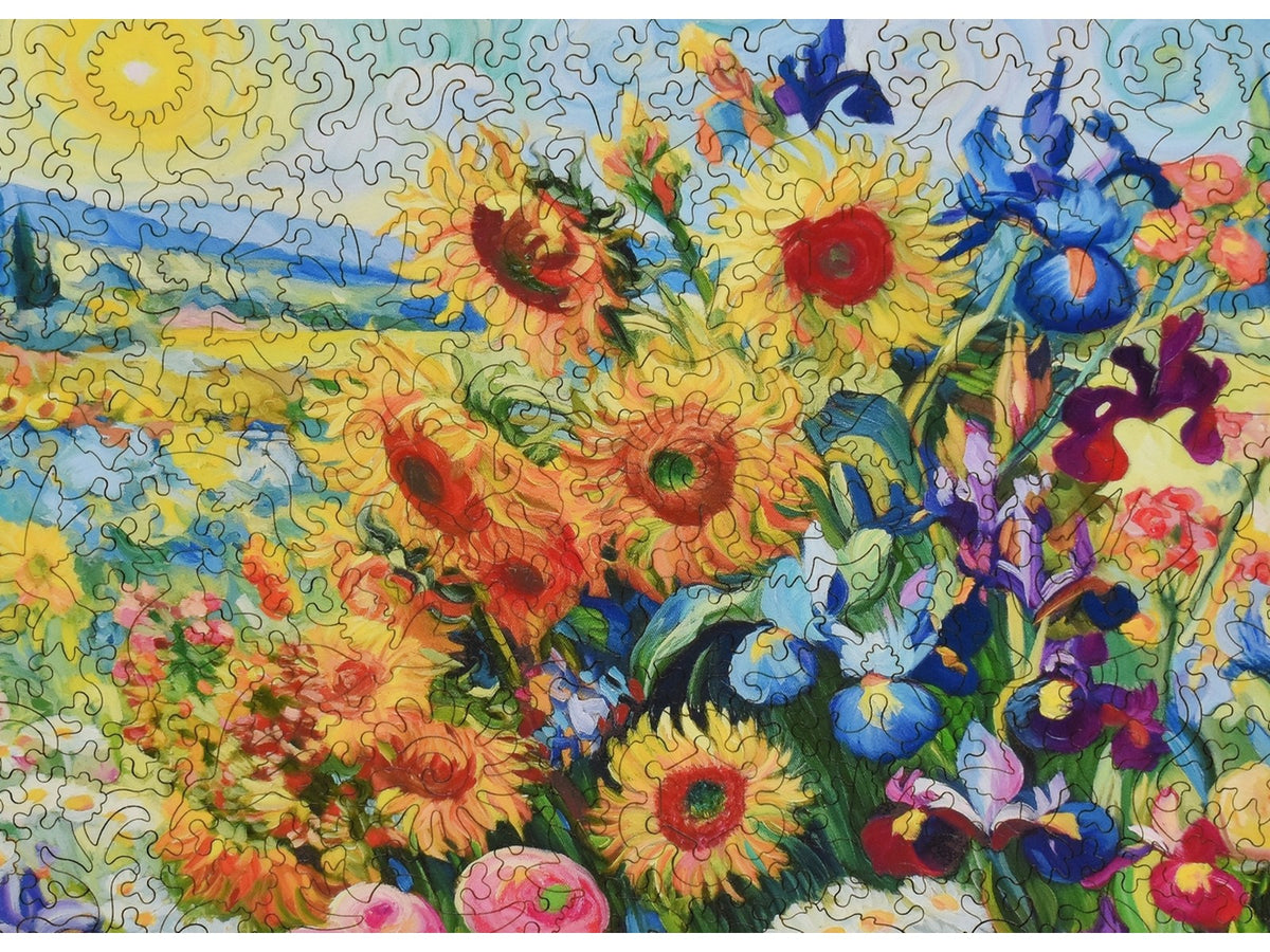 The closeup of the front of the puzzle, Van Gogh's Garden, showing the detail in the pieces.