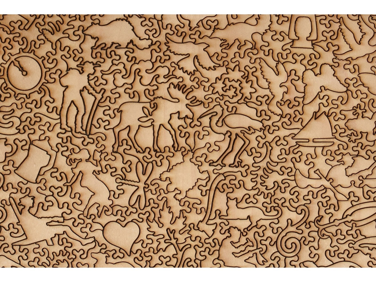 A closeup of the back of the puzzle, Welcome to the Cabin, showing the detail in the pieces.
