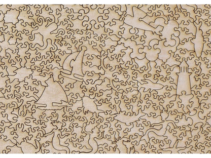 A closeup of the back of the puzzle, Yacht Race Off Boston Light, showing the detail in the pieces.