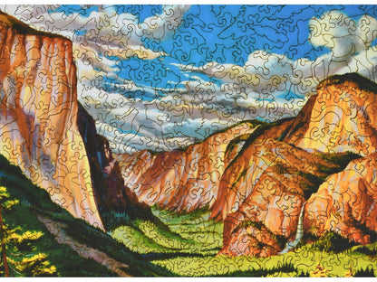 A closeup of the front of the puzzle, Yosemite United Airlines, showing the detail in the pieces.