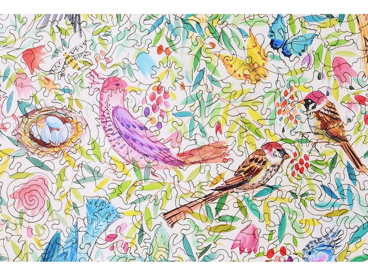 A closeup of the front of the puzzle, Birds, Flowers and Eggs.