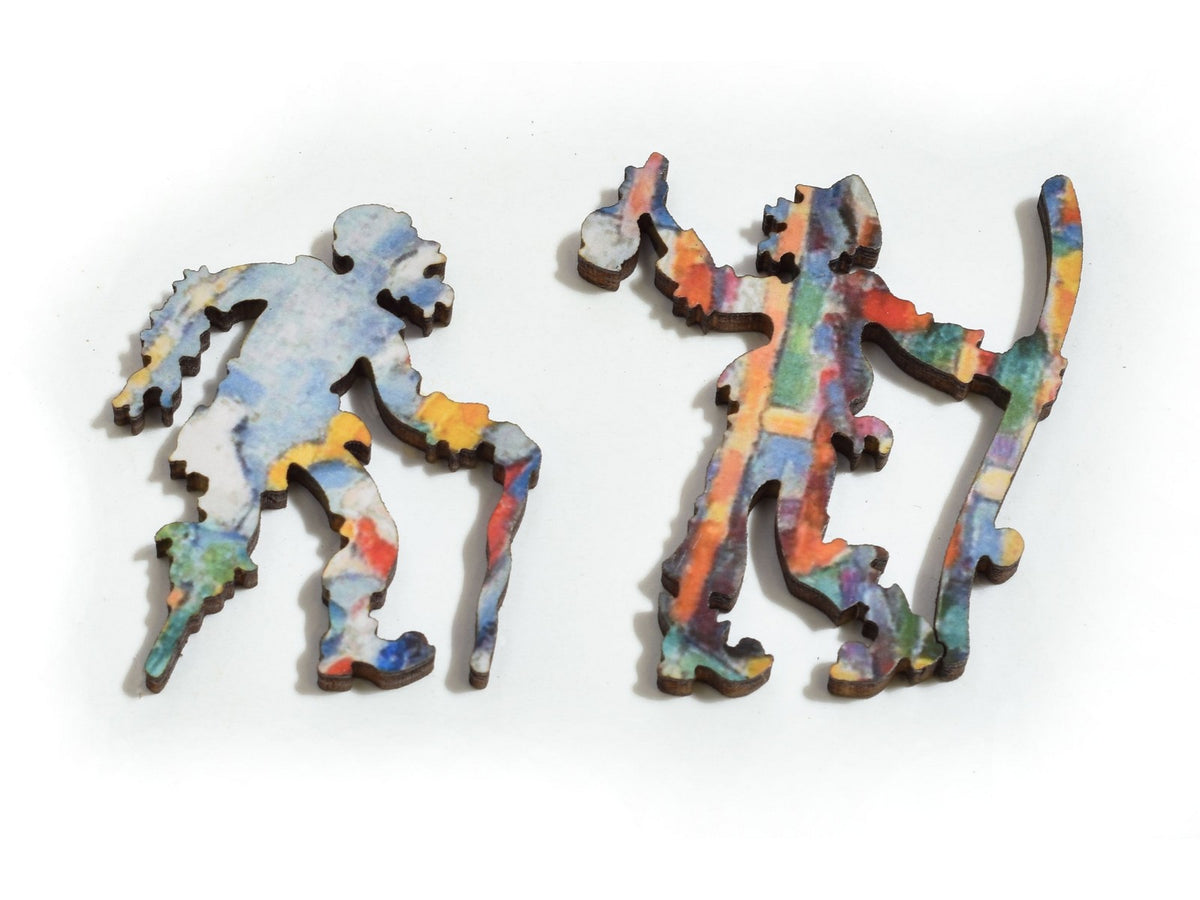 A closeup of pieces in the shape of two sailors.