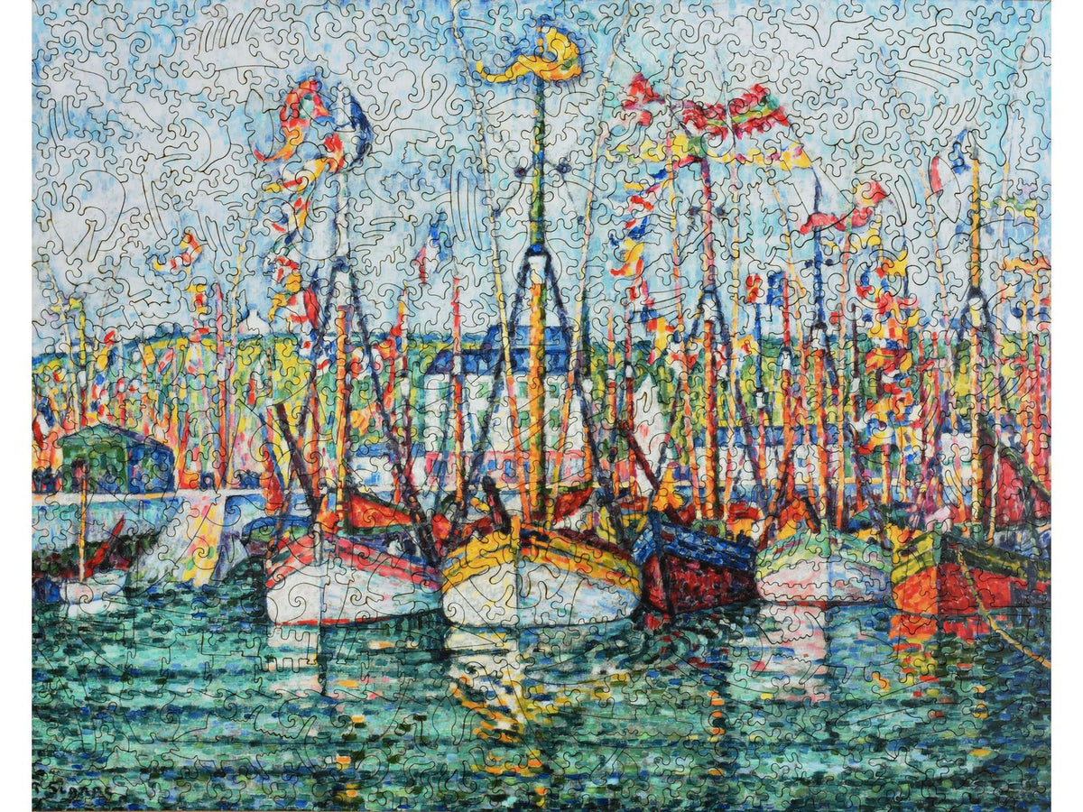 The front of the puzzle, Blessing of the Tuna Fleet at Groix, which shows fishing boats in a harbor.