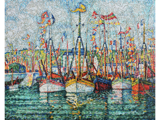 The front of the puzzle, Blessing of the Tuna Fleet at Groix, which shows fishing boats in a harbor.