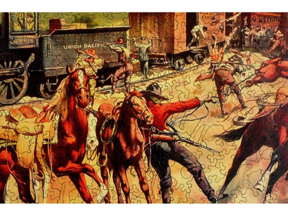 A closeup of the front of the puzzle, Buffalo Bill: The Great Train Holdup.