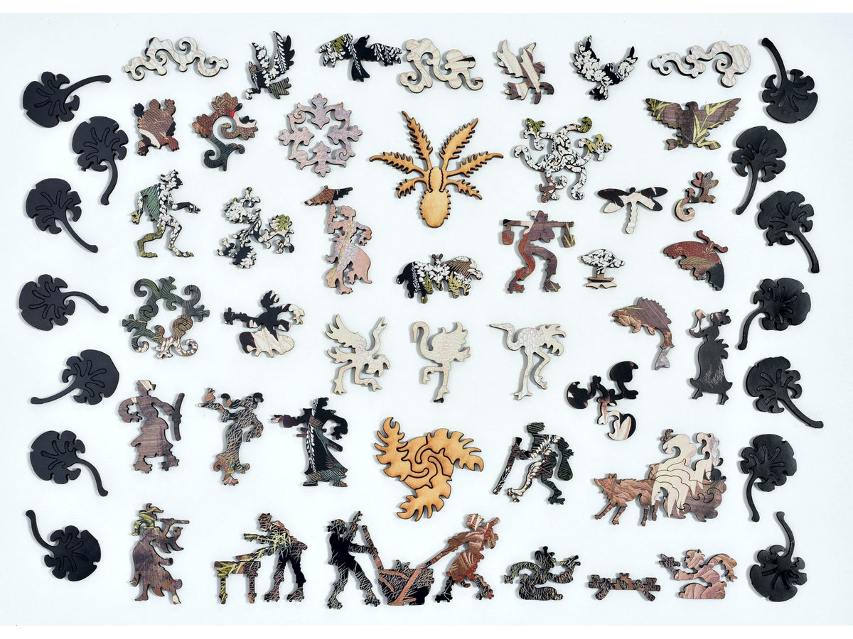 The whimsy pieces that can be found in the puzzle, Cranes, Cycads and Wisteria.