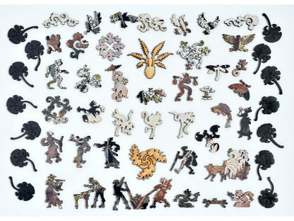 The whimsy pieces that can be found in the puzzle, Cranes, Cycads and Wisteria.
