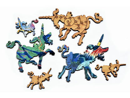 A closeup of pieces in the shape of unicorns.