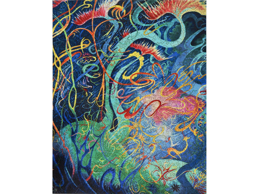 The front of the puzzle, Every Girl Should Have a Unicorn, which shows an abstract forest with a person riding a unicorn.
