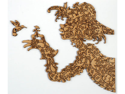 A closeup of a hidden image of a woman holding a flower, that can be found within the puzzle, Fall Garden, from the back.