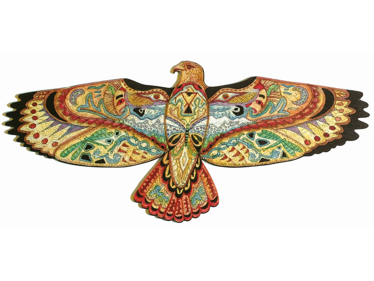 The front of the puzzle, Hawk, which shows various plants and animals in the shape of a Hawk.