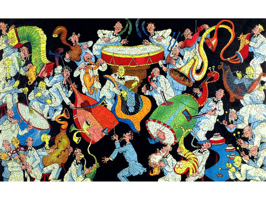 The front of the puzzle, Incidental Music for a New Year's Eve Party, which shows a group of people playing different musical instruments.
