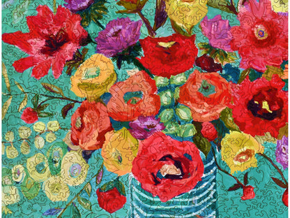 A closeup of the front of the puzzle, Mel's Belles, showing the detail in the pieces.