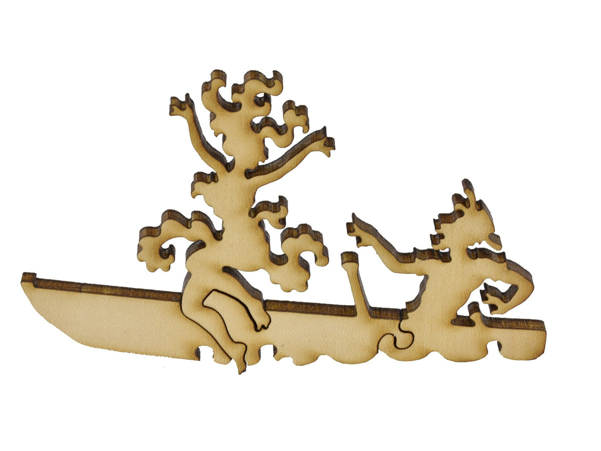 A closeup of pieces in the shape of two people in a boat.