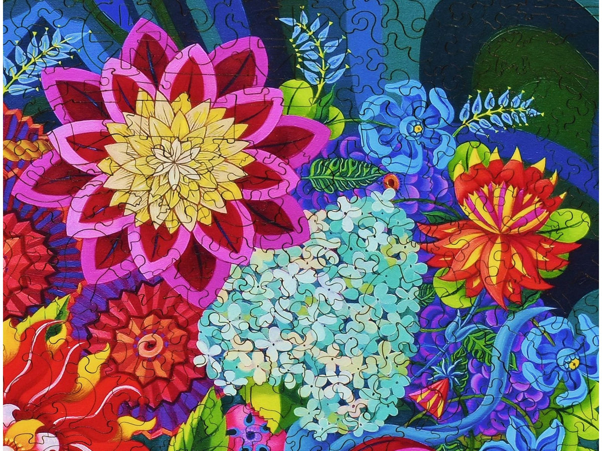 A closeup of the front of the puzzle, More Blooms in a Basket, showing the detail in the pieces.