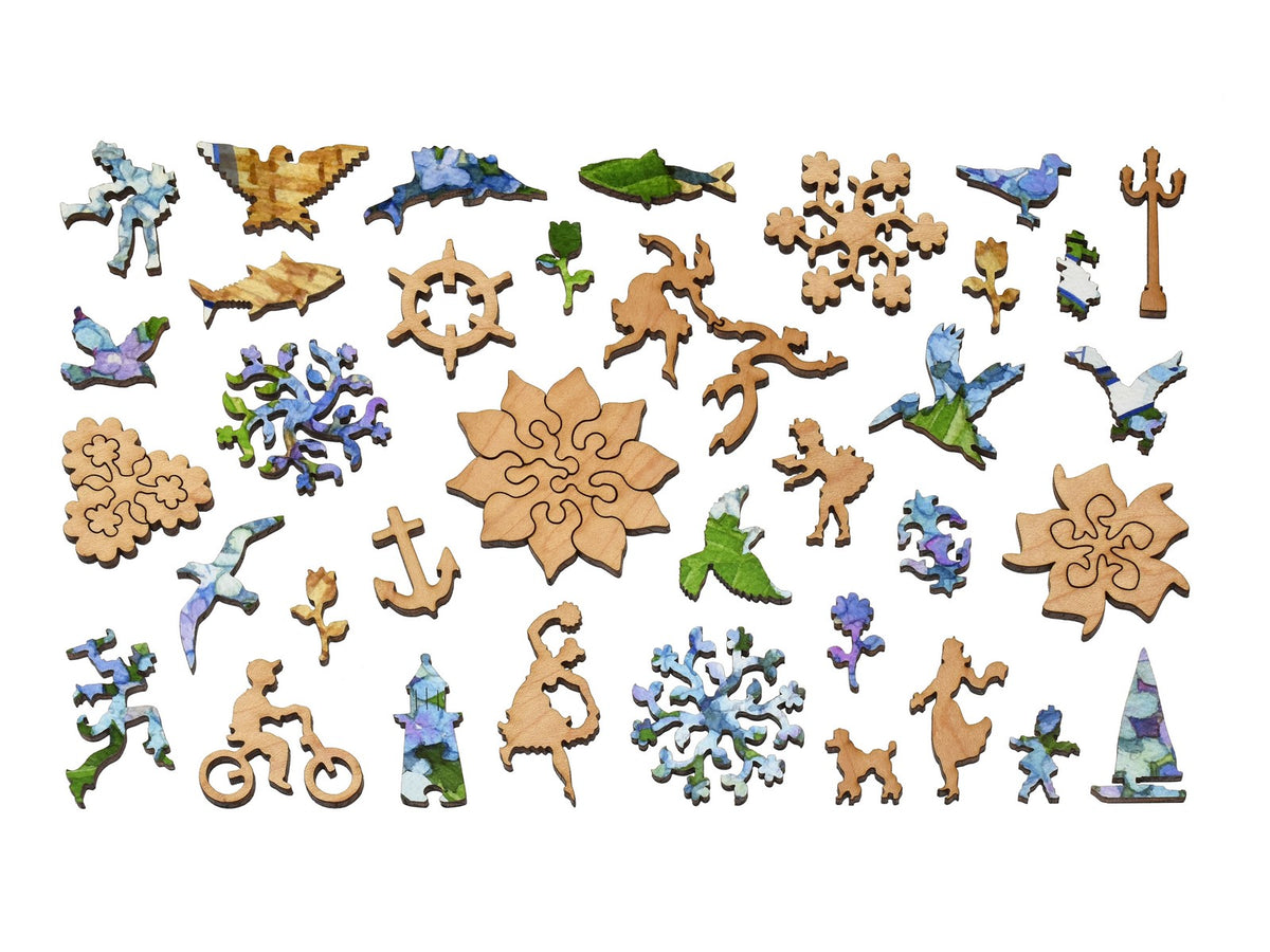 The whimsy pieces that can be found in the puzzle, Nantucket Basket.