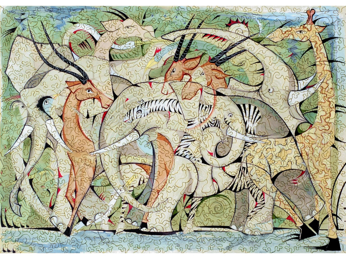 The front of the puzzle, On the Ngare Ndare River, which shows an abstract depiction of overlapping African animals.