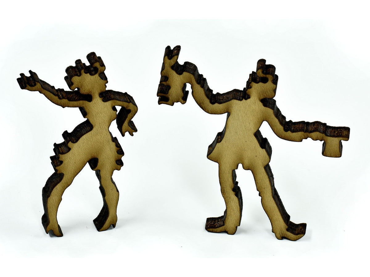 A closeup of pieces showing a magician pulling a rabbit out of his hat next to his assistant.