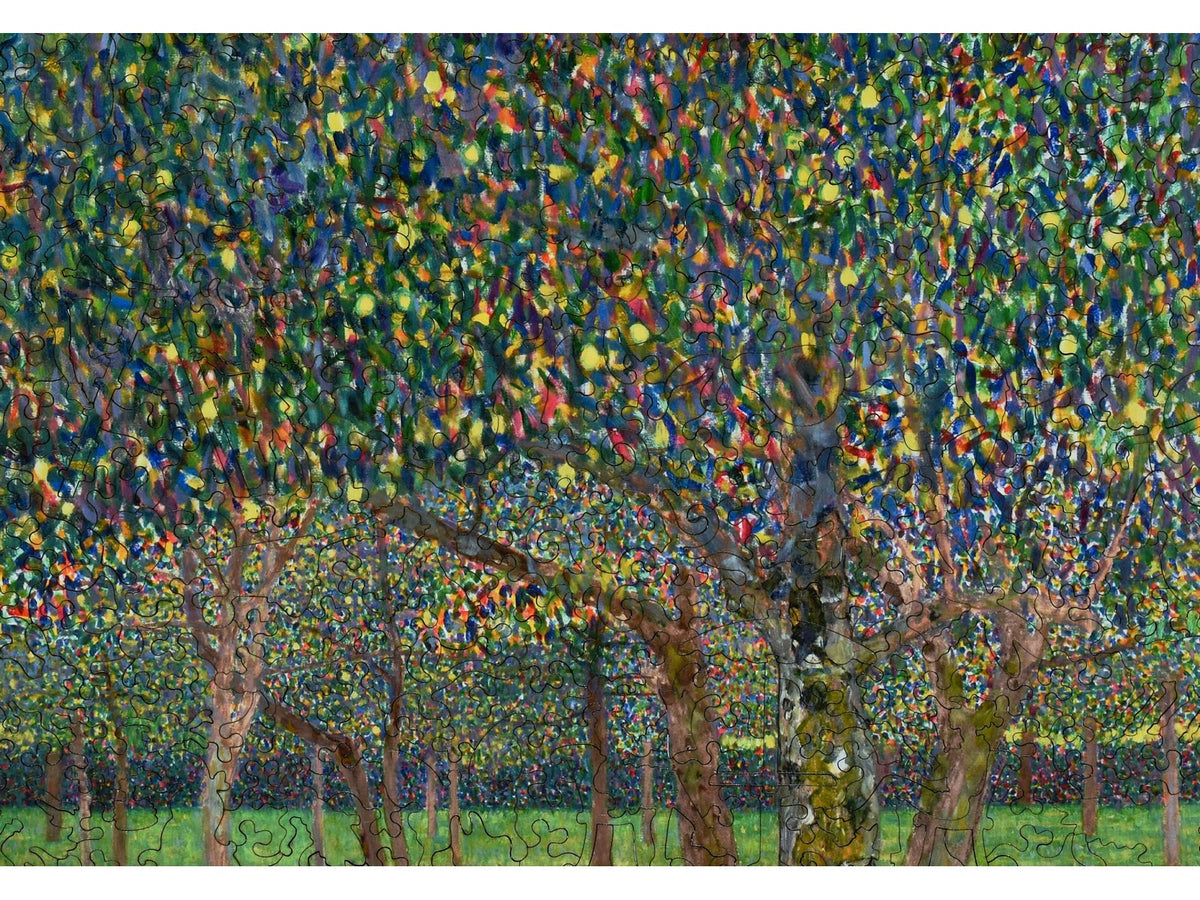 A closeup of the front of the puzzle, Pear Tree, showing the detail in the pieces.