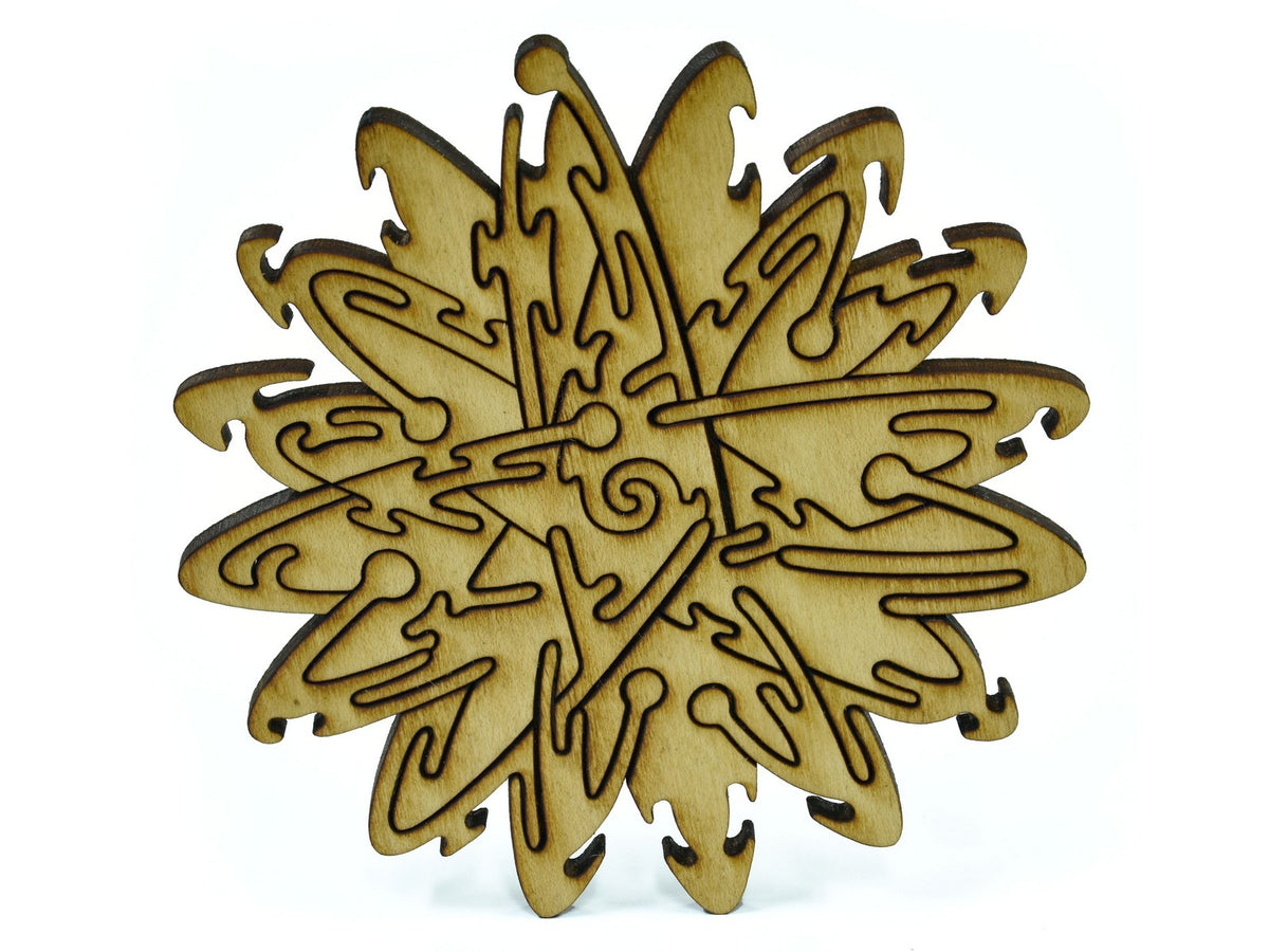 A closeup of pieces in the shape of an atom.