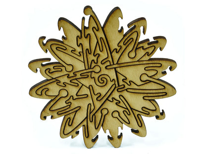 A closeup of pieces in the shape of an atom.