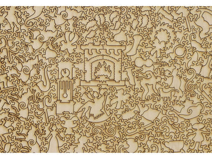 A closeup of the back of the puzzle, Santa Claus and His Works.
