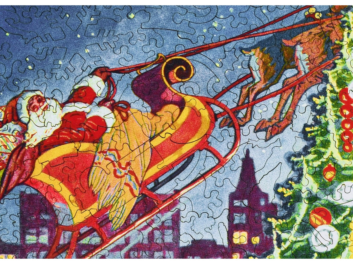 A closeup of the front of the puzzle, Sing a Song of Christmas, showing the detail in the pieces.