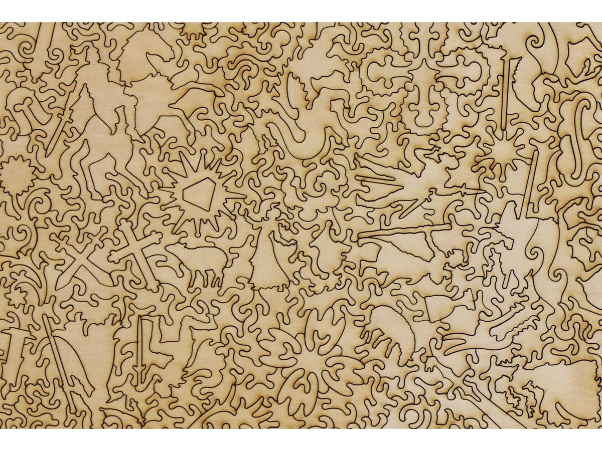 A closeup of the back of the puzzle, Saint George and the Dragon.