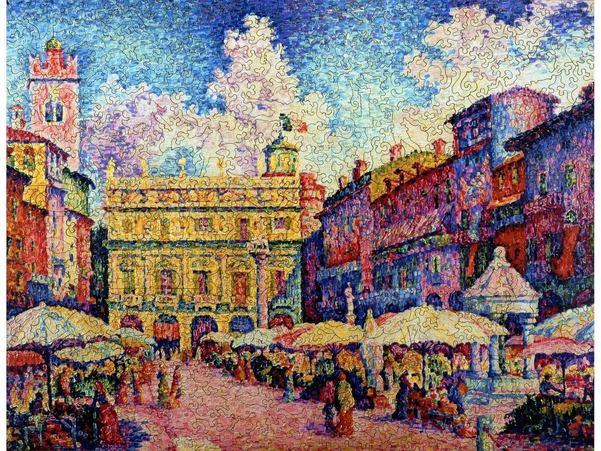 The front of the puzzle, The Herb Market, Verona, depicting a town market square scene, surrounded by colorful buildings.