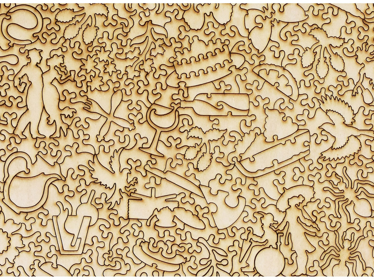 A closeup of the back of the puzzle, The Picnic, showing the detail in the pieces.