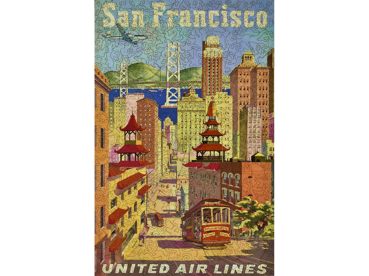 The front of the puzzle, United Airlines San Francisco, which shows the famous buildings and bridge of San Francisco.