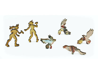 A closeup of pieces in the shape of birdwatchers and birds.