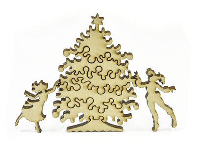 A closeup of pieces in the shape of two people decorating a christmas tree.