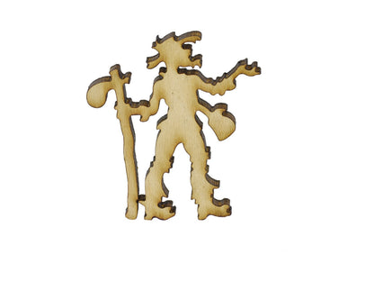 A closeup of pieces in the shape of a man with a walking stick.