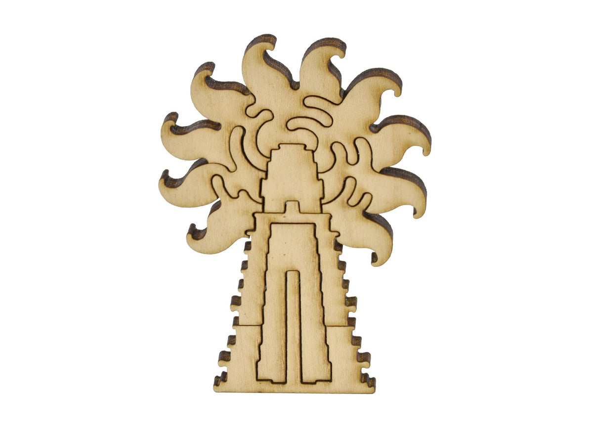 A closeup of pieces in the shape of a temple.